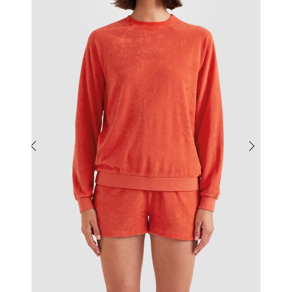 KULE Terry Cloth Lounge Set Orange Red Raglan Sweatshirt XL and Shorts L